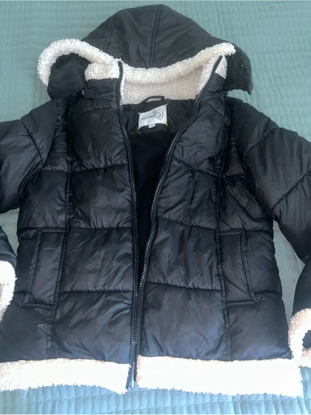 Sam Edelman Black Puffer Jacket with White Star and Sherpa Trim